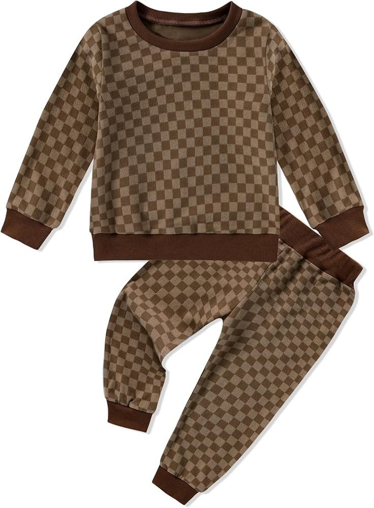Toddler Boy Clothes Checkered Long Sleeve Sweatshirt + Pants 2Pcs Fall Winter Sweatsuit Set 1-6T | Amazon (US)