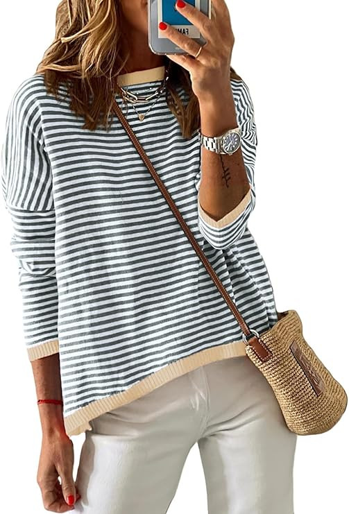 Dokotoo Womens 2024 Long Sleeve Tops Sweaters Casual Crewneck Striped Color Block Drop Shoulder C... | Amazon (US)