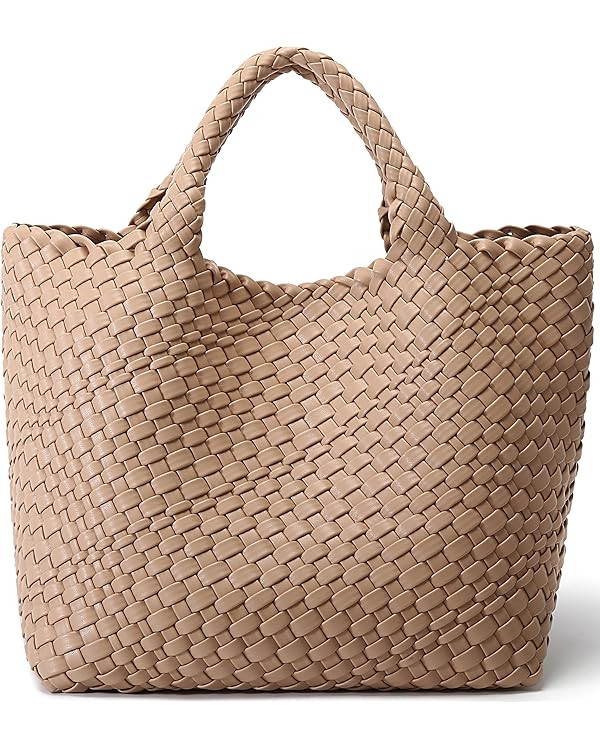 Woven Bag for Women, Vegan Leather Tote Bag Large Summer Beach Travel Handbag and Purse Retro Han... | Amazon (US)