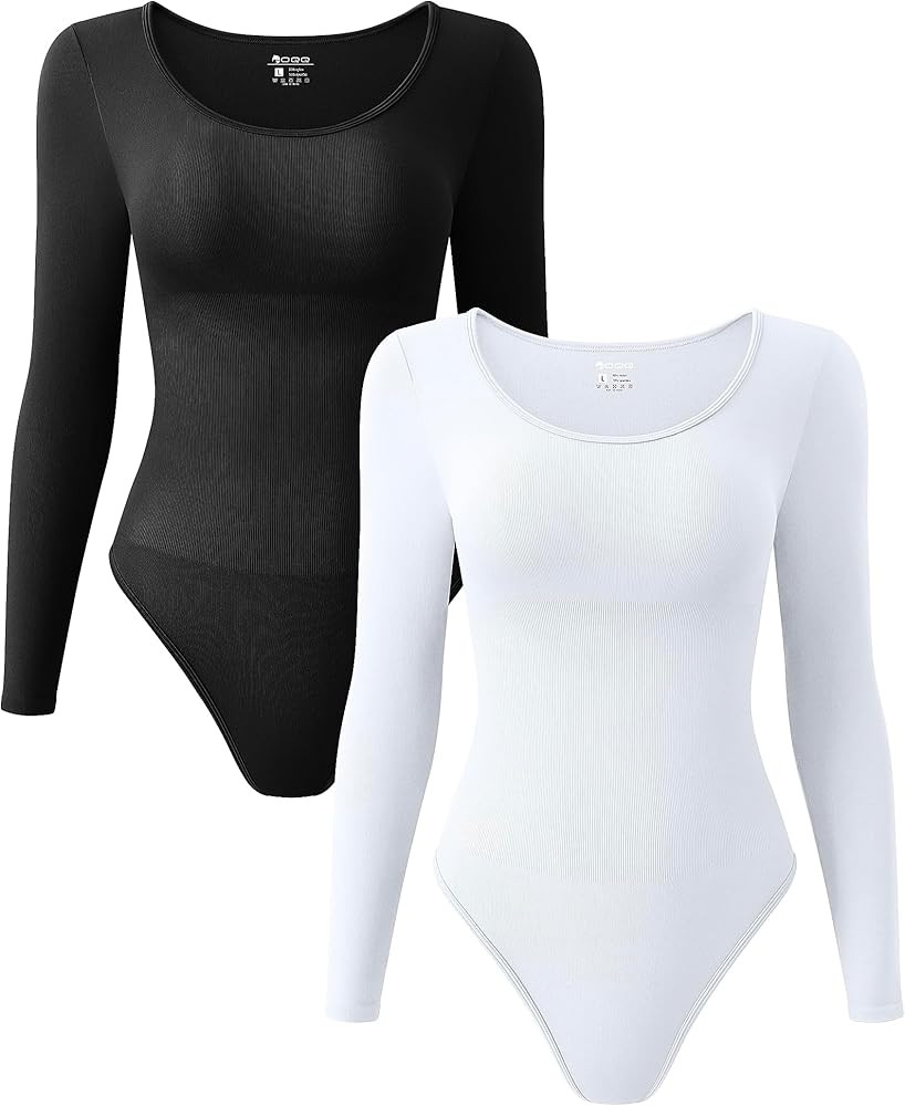 OQQ Women's 2 Piece Bodysuits Sexy Ribbed One Piece Long Sleeve Crew Neck Tops Bodysuits | Amazon (US)