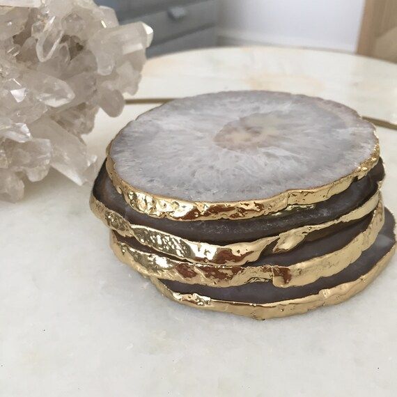 Natural White Agate Crystal Coasters with Gold Glided Edge  | Etsy | Etsy (US)
