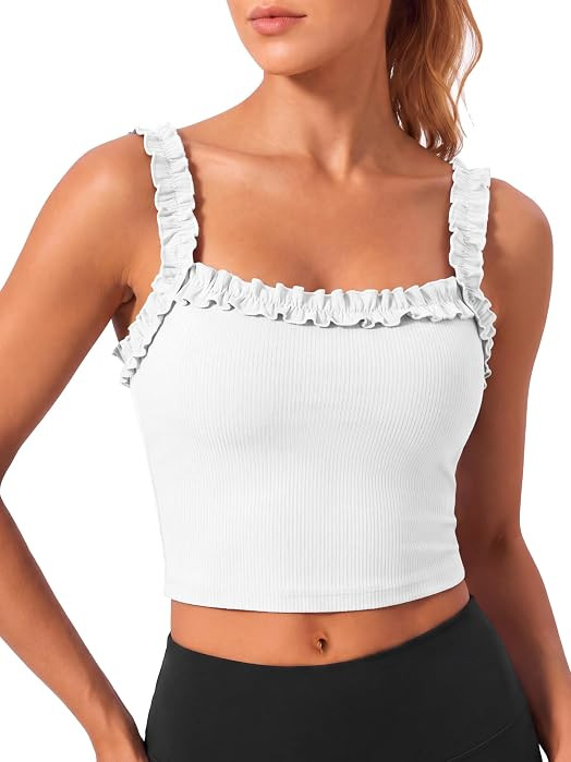 Aoysky Womens Ruffle Strap Longline Sports Bra Padded Square Neck Crop Top | Amazon (US)