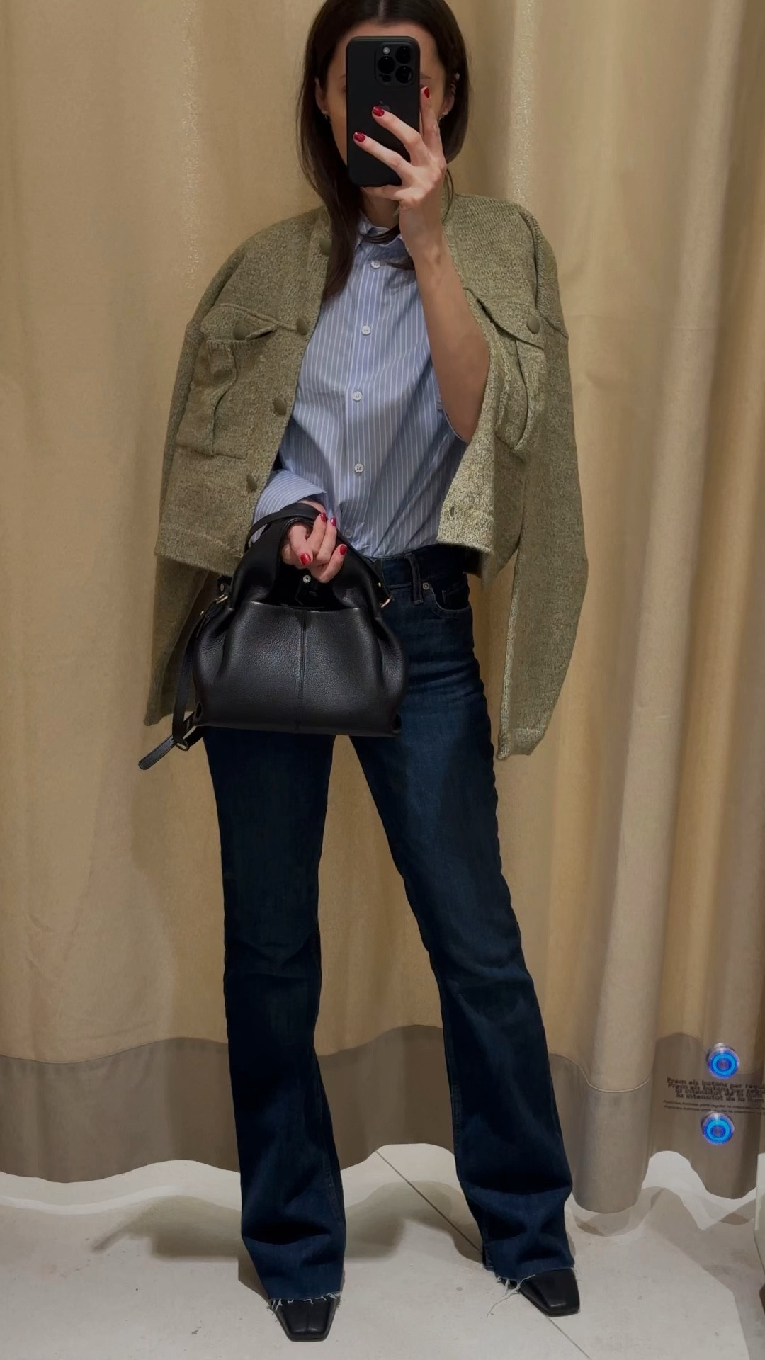 Classy & stylish total look by Mango. Cotton shirt, jacket, flare jeans, heeled boots & Polène bag. 

#LTKfindsunder50 #LTKVideo #LTKstyletip