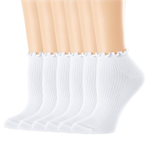 Mcool Mary Womens Ankle Ruffle Socks White Casual Cotton Frilly Breathable Cute Knit Lettuce Trim No Show Socks 6 Pack | Amazon (US)