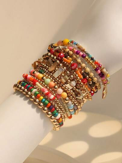 18pcs/Set Bohemian Style Beaded Bracelet With Shell And Starfish Design, Suitable For Women To We... | SHEIN
