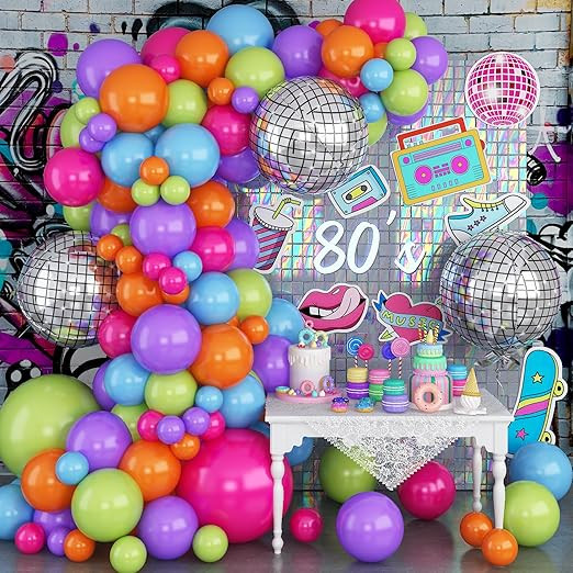 80s 90s Rock Theme Party Balloon Arch Kit, Neon Pink Purple Lime Green Orange Light Blue Latex Ra... | Amazon (US)
