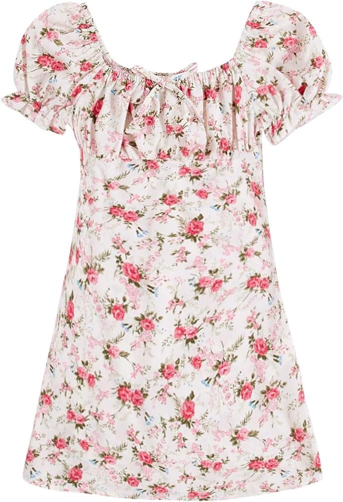 Verdusa Girl's Floral Print Puff Sleeve Square Neck Shirred Swing A Line Dress | Amazon (US)