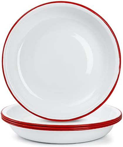Amazon.com | Lawei Set of 4 Enamel Dinner Plates, 10 Inch Round Dinner Plate with Red Rim, Retro ... | Amazon (US)