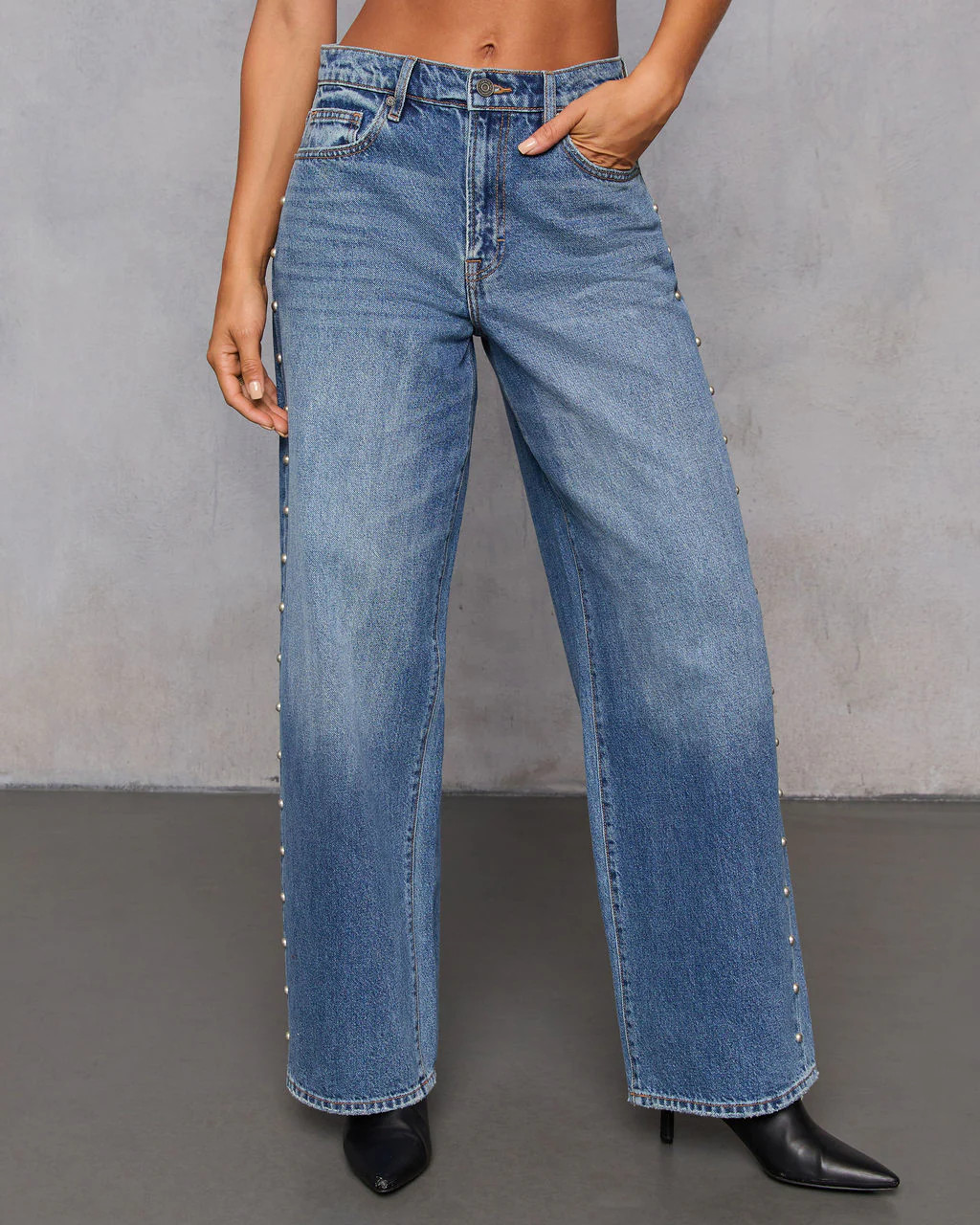 Burnt Sugar Rigid High Rise Stud Embellished Barrel Jeans | VICI