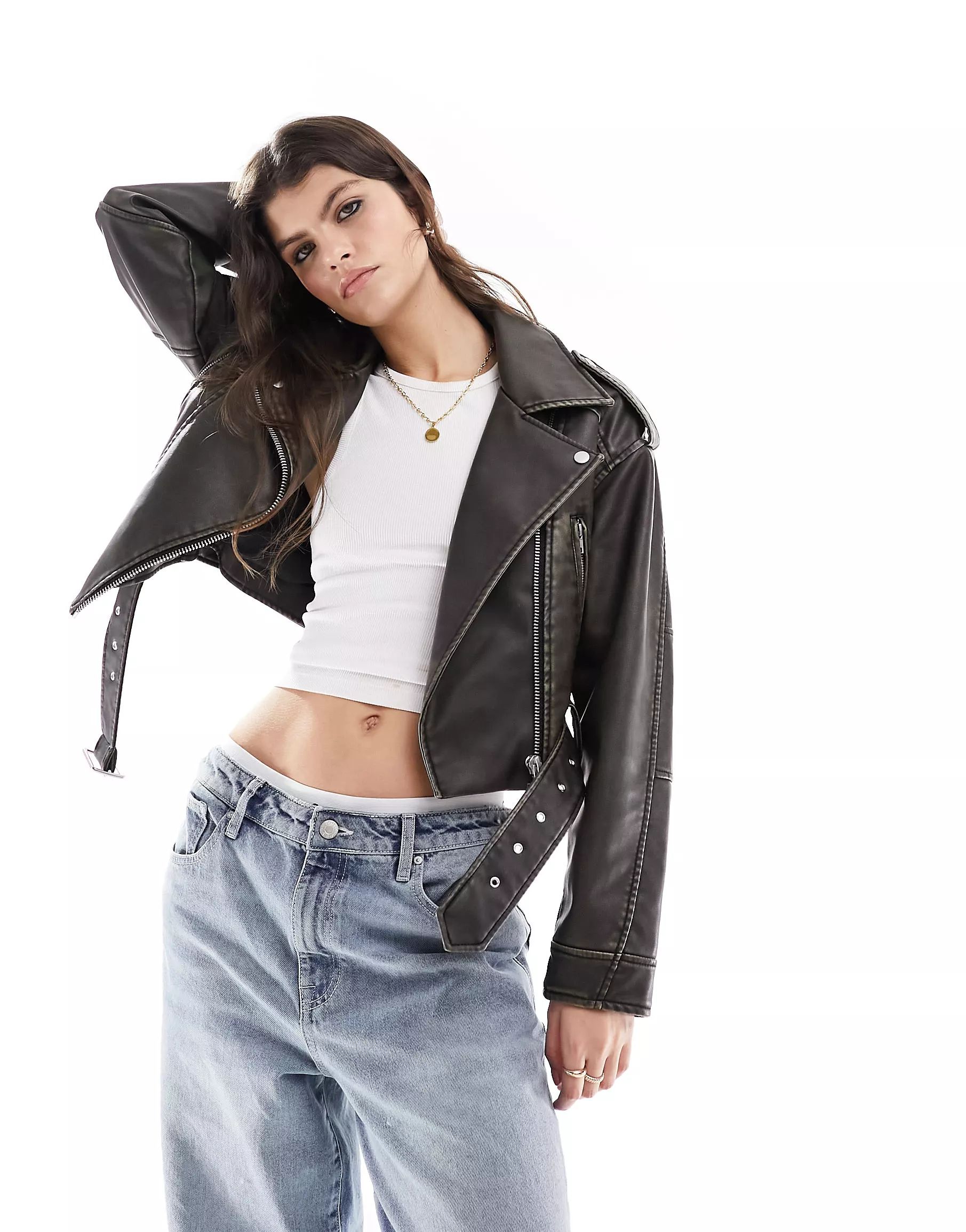 ASOS DESIGN oversized leather look washed cropped biker with belt detail in brown | ASOS (Global)