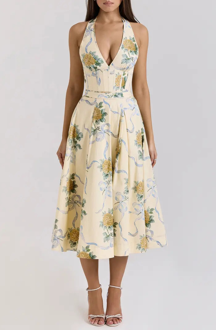 Allena Floral Halter Stretch Cotton Midi Sundress | Nordstrom