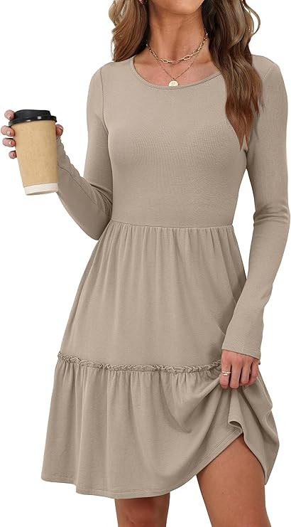 ANRABESS Womens Long Sleeve Ribbed Short Dresses 2025 Fall Knit A Line Flowy Tiered Casual Mini S... | Amazon (US)