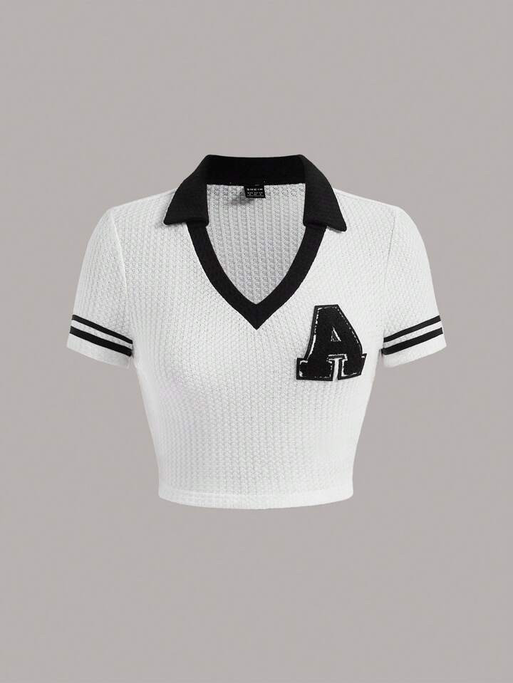 SHEIN MOD Plus Letter Patched Striped Trim Crop Tee | SHEIN