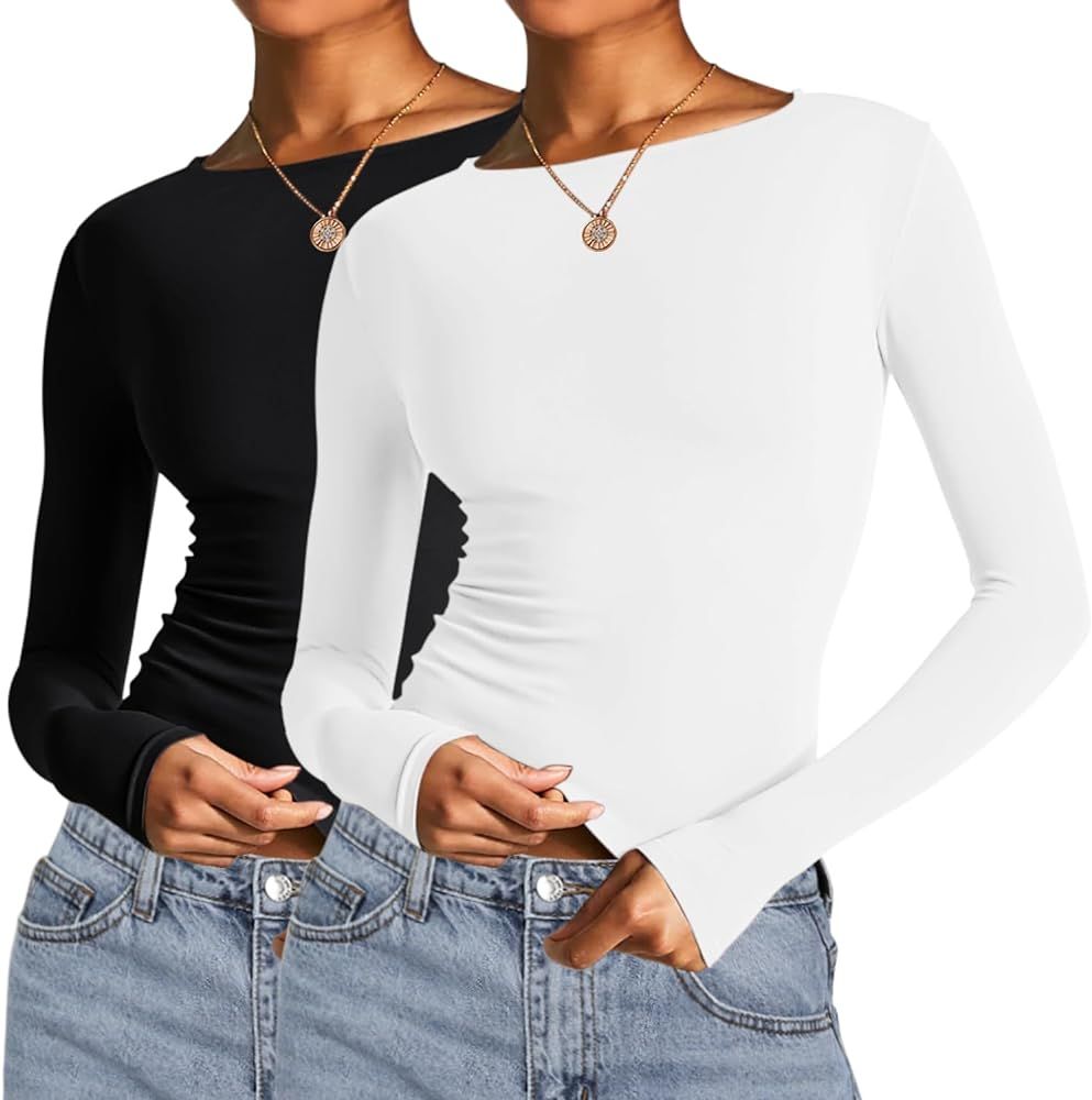 AKEWEI Long Sleeve Crop Tops for Women 2 Pack Fall Going Out Outfits Cute Tight Basic Tees Shirt | Amazon (US)