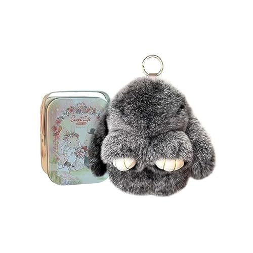 RWSEFK Bunny Lulu keychain with tin, handmade soft and cute rabbit pompom pendant, Bunny Cute Plush Keychain (Frost black + box) | Amazon (US)