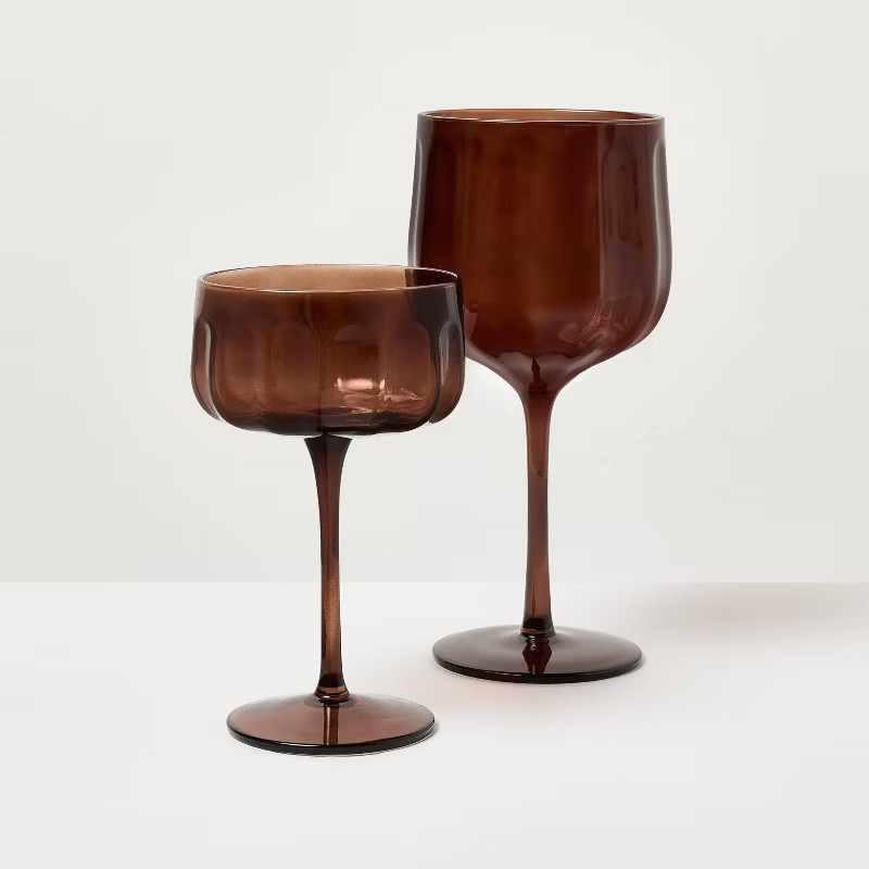 Two brown glass wine glasses
