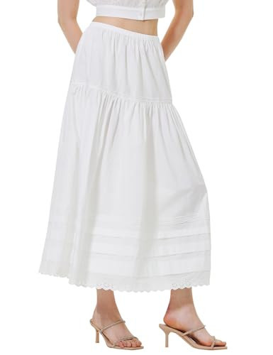 BEAUTELICATE Women Long White Skirt A-Line Lace Trim Pintuck Tier Skirt 100% Cotton Edwardian | Amazon (US)