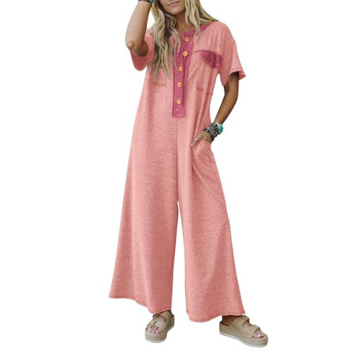 Fisoew Womens Casual Loose Jumpsuits Short Sleeve V-Neck Button Down One Piece Outfits Wide Leg Summer Long Pant Rompers | Amazon (US)