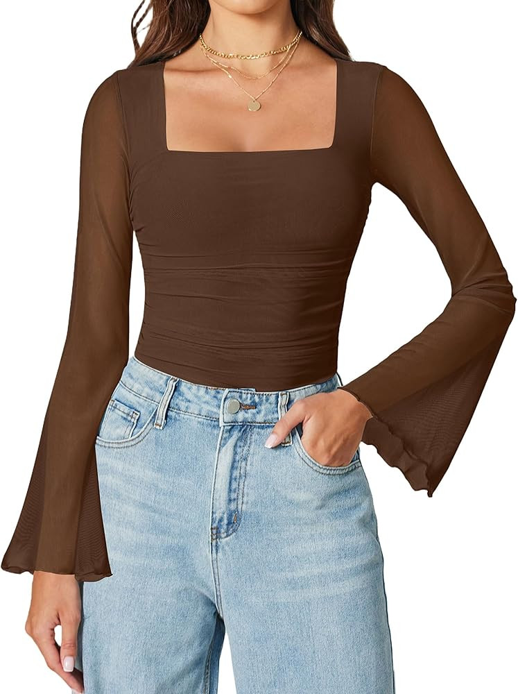 Avidlove Bodysuits for Women Long Bell Sleeve Mesh Square Neck Body Suits Going Out Ruched Bodysu... | Amazon (US)