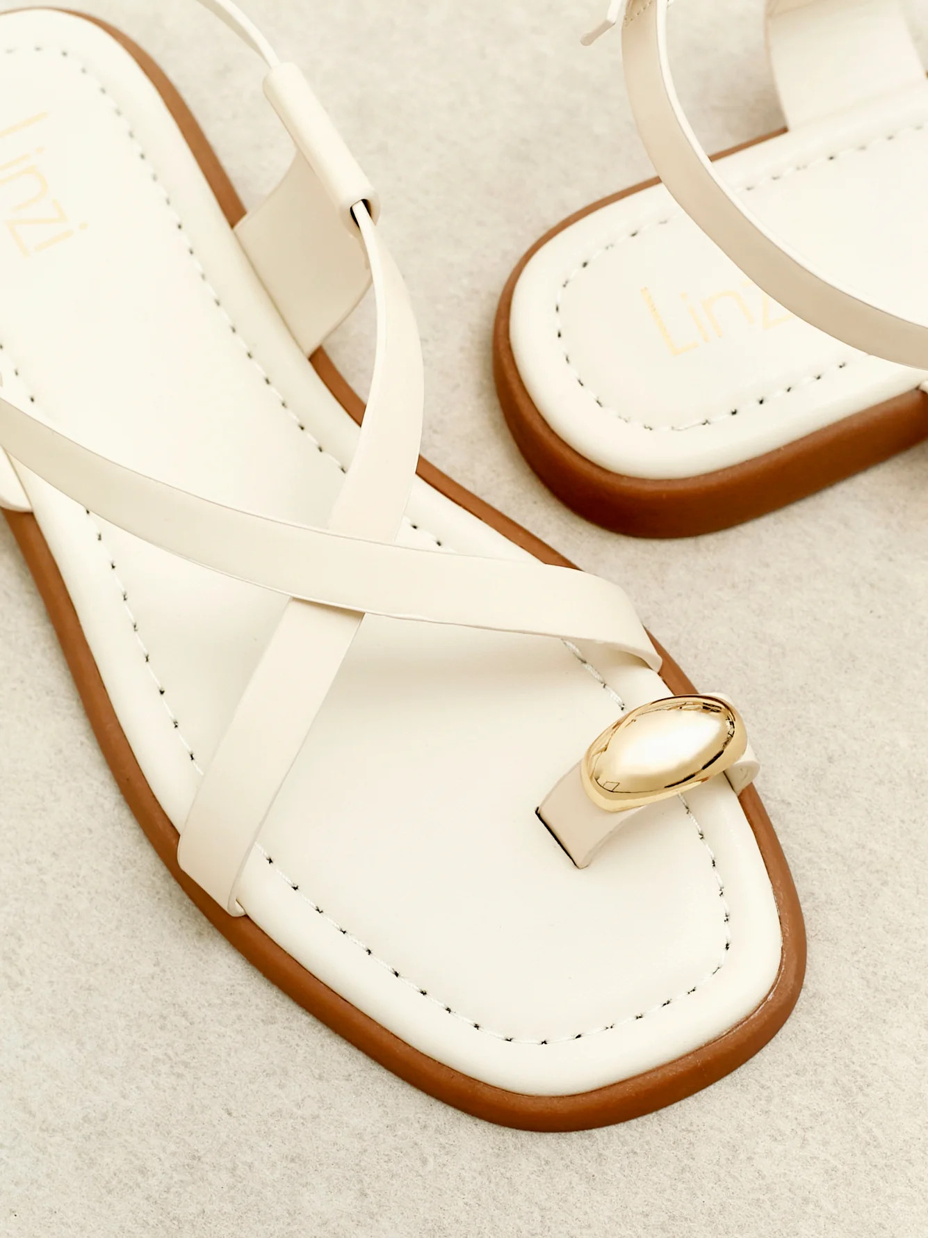Ivory Faux Leather Strappy Flat Sandal With Toe Ring | Linzi Shoes