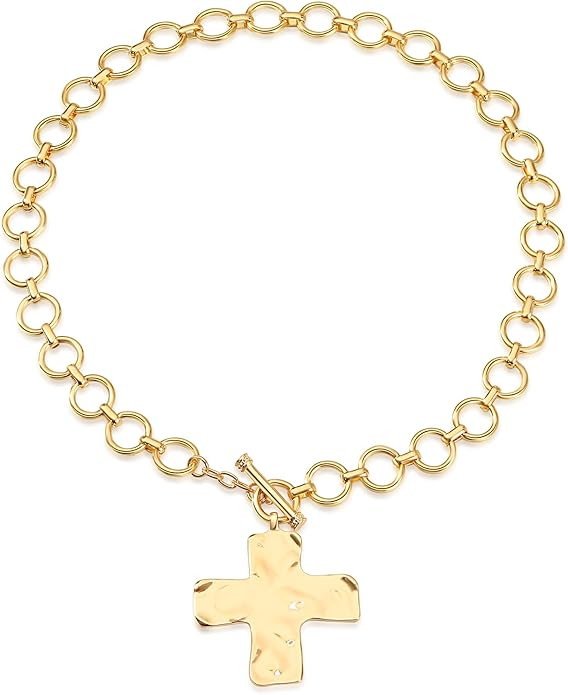 MQV Chunky Statement Gold Hammered Bold Cross Necklace Thick Chain Vintage Chain Pendant Jewelry | Amazon (US)