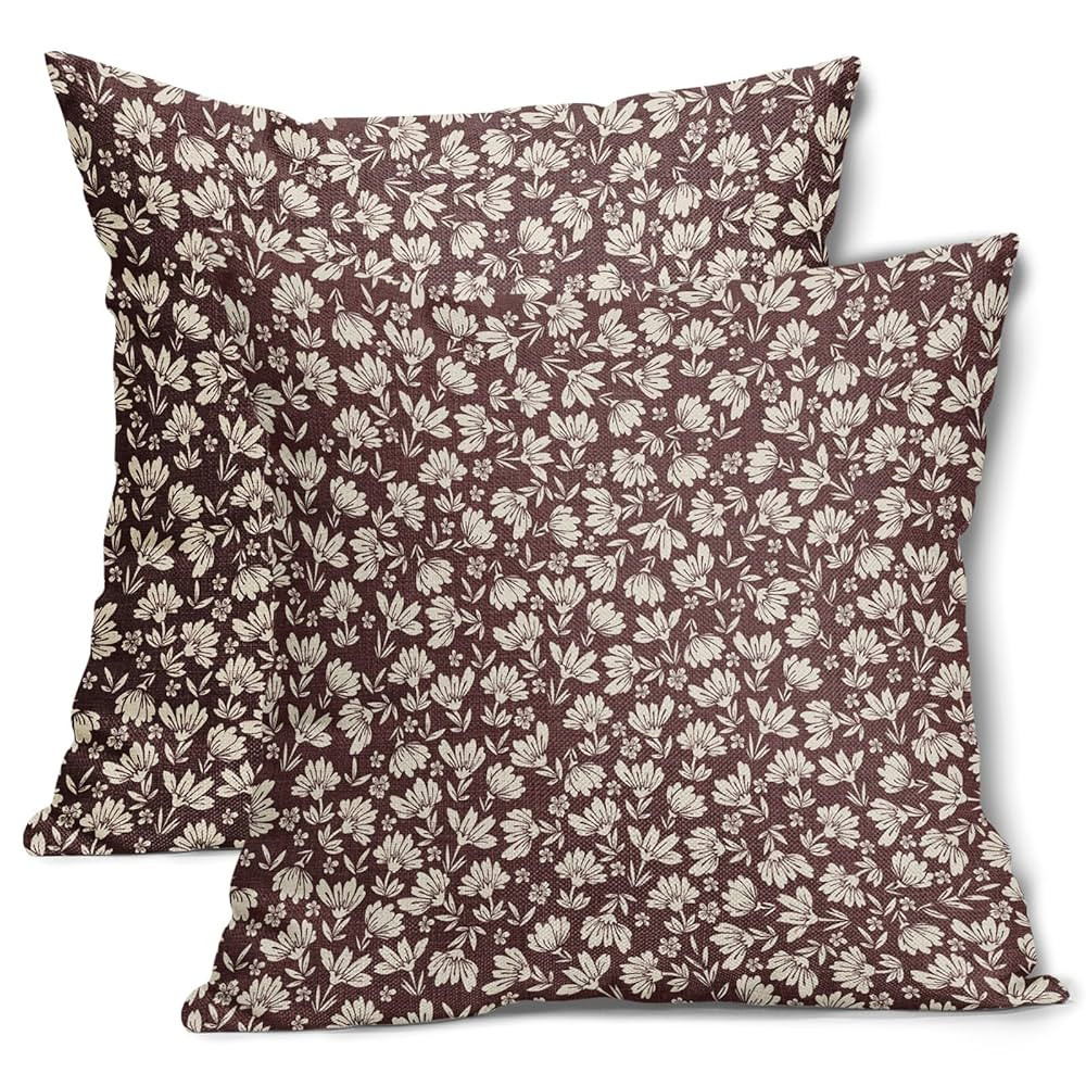 Burgundy Beige Daisy Floral Pillow Covers 18X18 Inch Vintage Flowers Decorative Pillow Cases Set ... | Amazon (US)