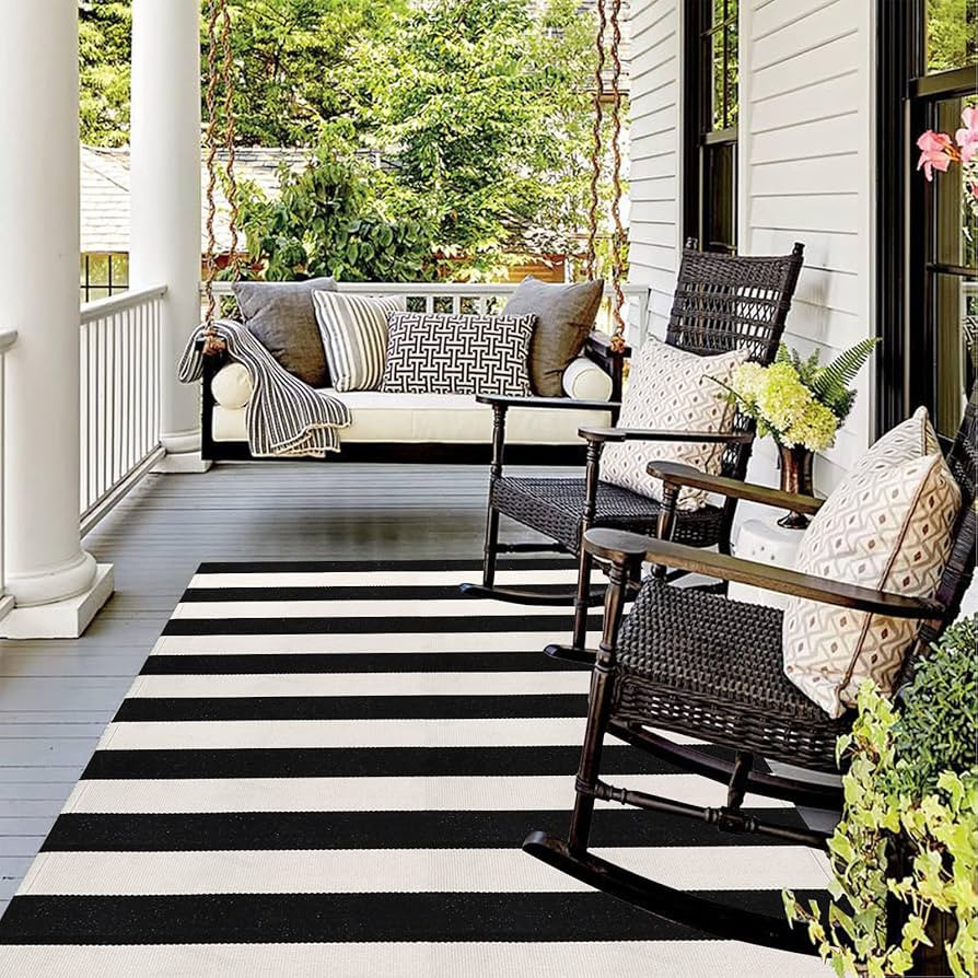 LEEVAN Black and White Outdoor Rug 4x6, Cotton Washable Outdoor Patio Rug, Black Striped Reversib... | Amazon (US)