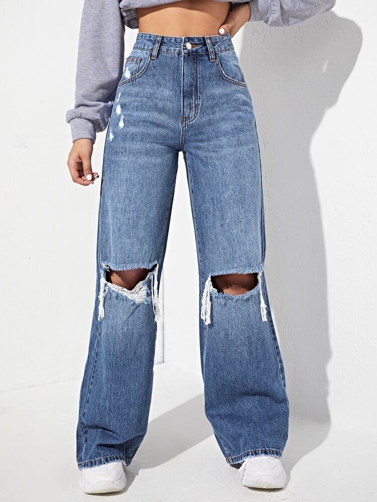 High Waisted Ripped Wide Leg Jeans | SHEIN