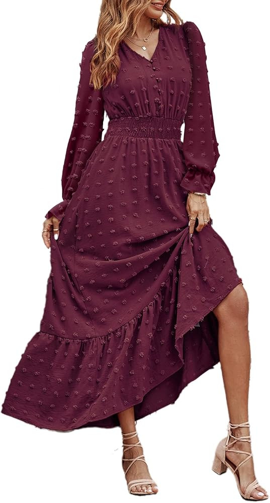 MASCOMODA Women Boho Maxi Dress 2024 Long Sleeve V Neck Swiss Dot Smocked High Waisted A-Line Ruf... | Amazon (US)
