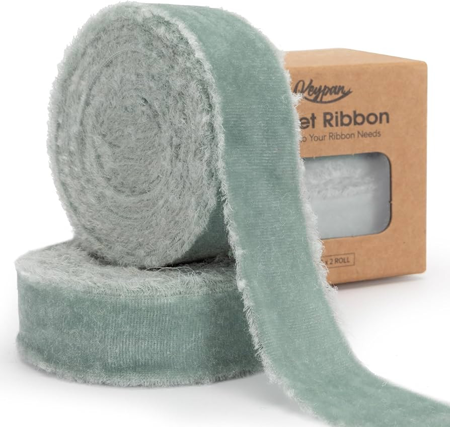 Grey Green Velvet Ribbon 1 Inch x 6 Yd Handmade Frayed Vintage Thin Ribbons for Christmas Tree Ho... | Amazon (US)