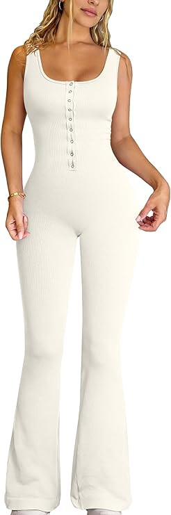 OQQ Jumpsuits For Women Ribbed Square Neck Sleeveless Sexy Stretch Flare Jumpsuits | Amazon (US)