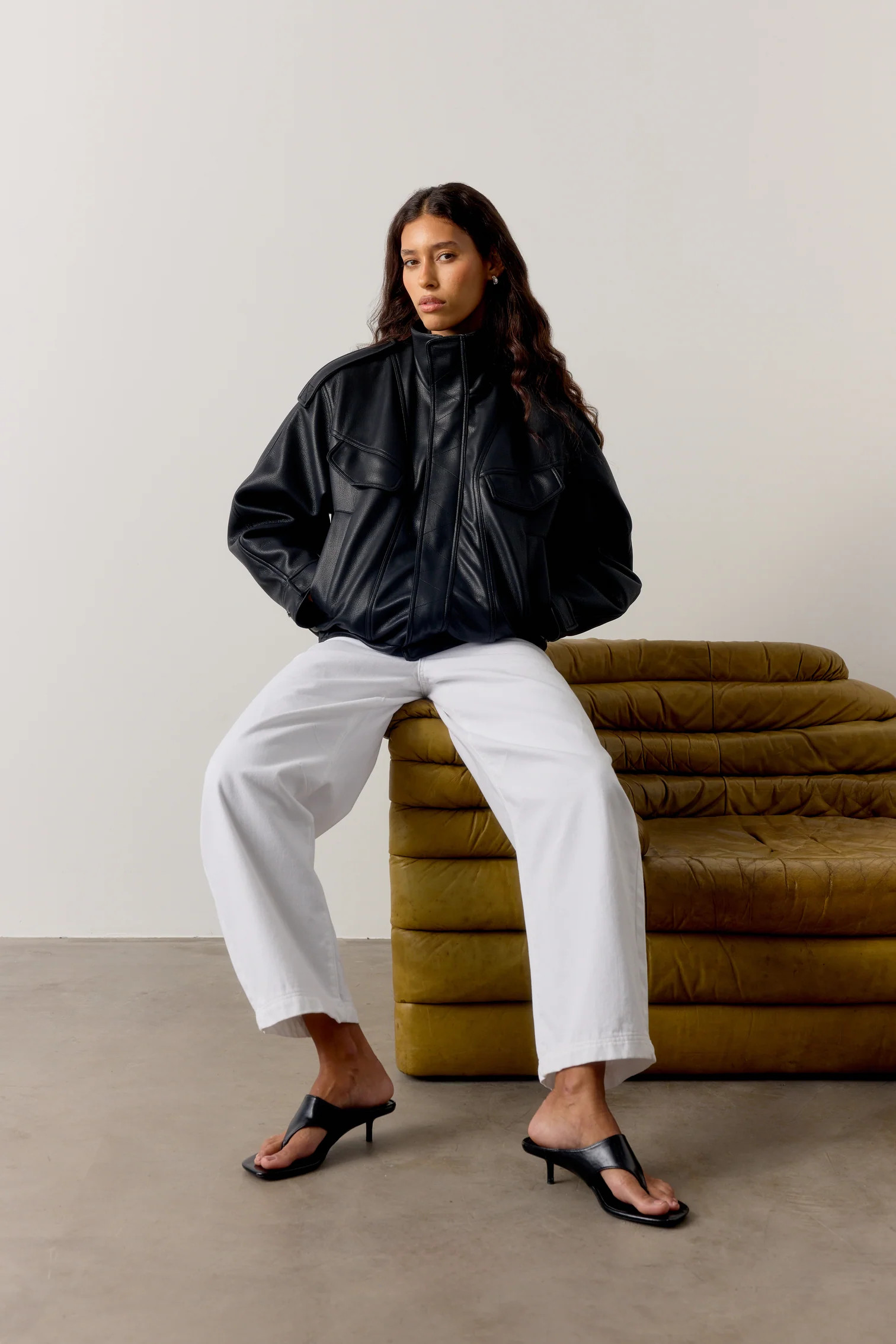 FAUX LEATHER FUNNEL NECK JACKET - BLACK | The Couture Club