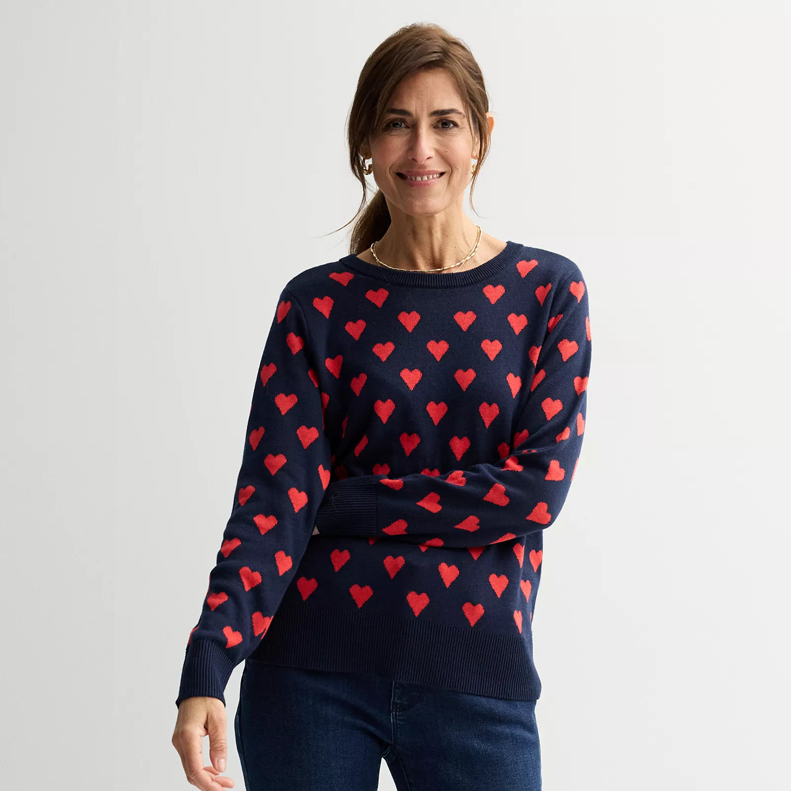 Women's Croft & Barrow® Heart Print Pullover Sweater, Size: XXL, Blue Red Knit Heart | Kohl's