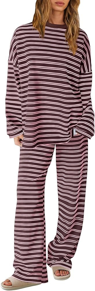 SENSERISE Womens Striped Lounge Set 2 Piece Outfits Striped Long Sleeve Shirt Wide Leg Pants Paja... | Amazon (US)