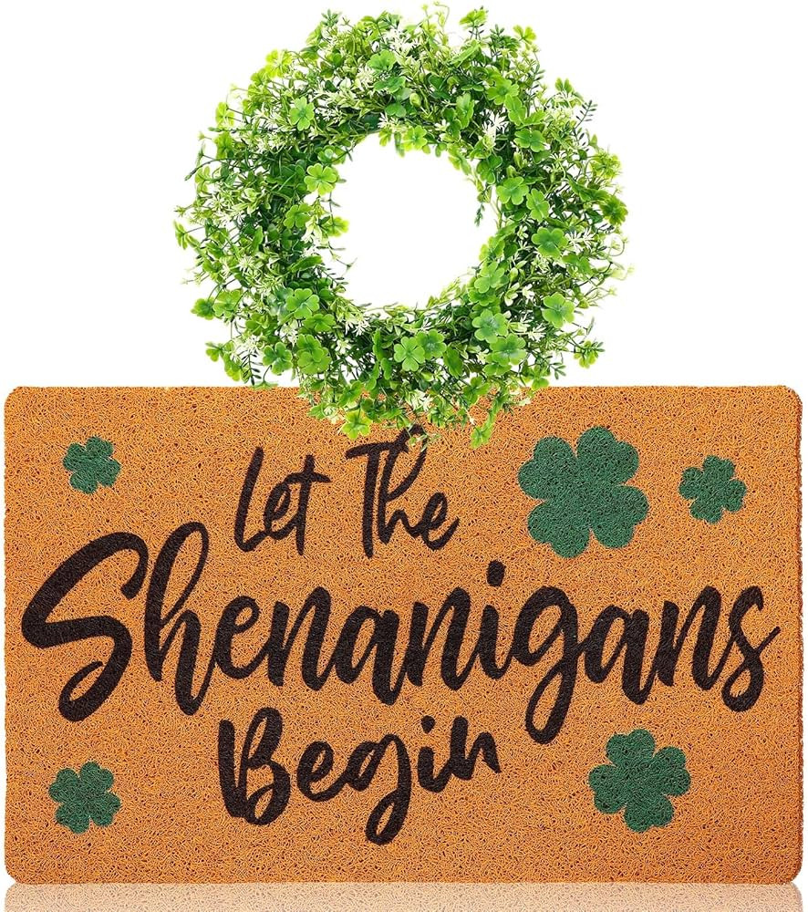 St Patrick's Day Coir Doormat and Artificial Clover Wreath for Front Door Welcome Mats with Rubbe... | Amazon (US)