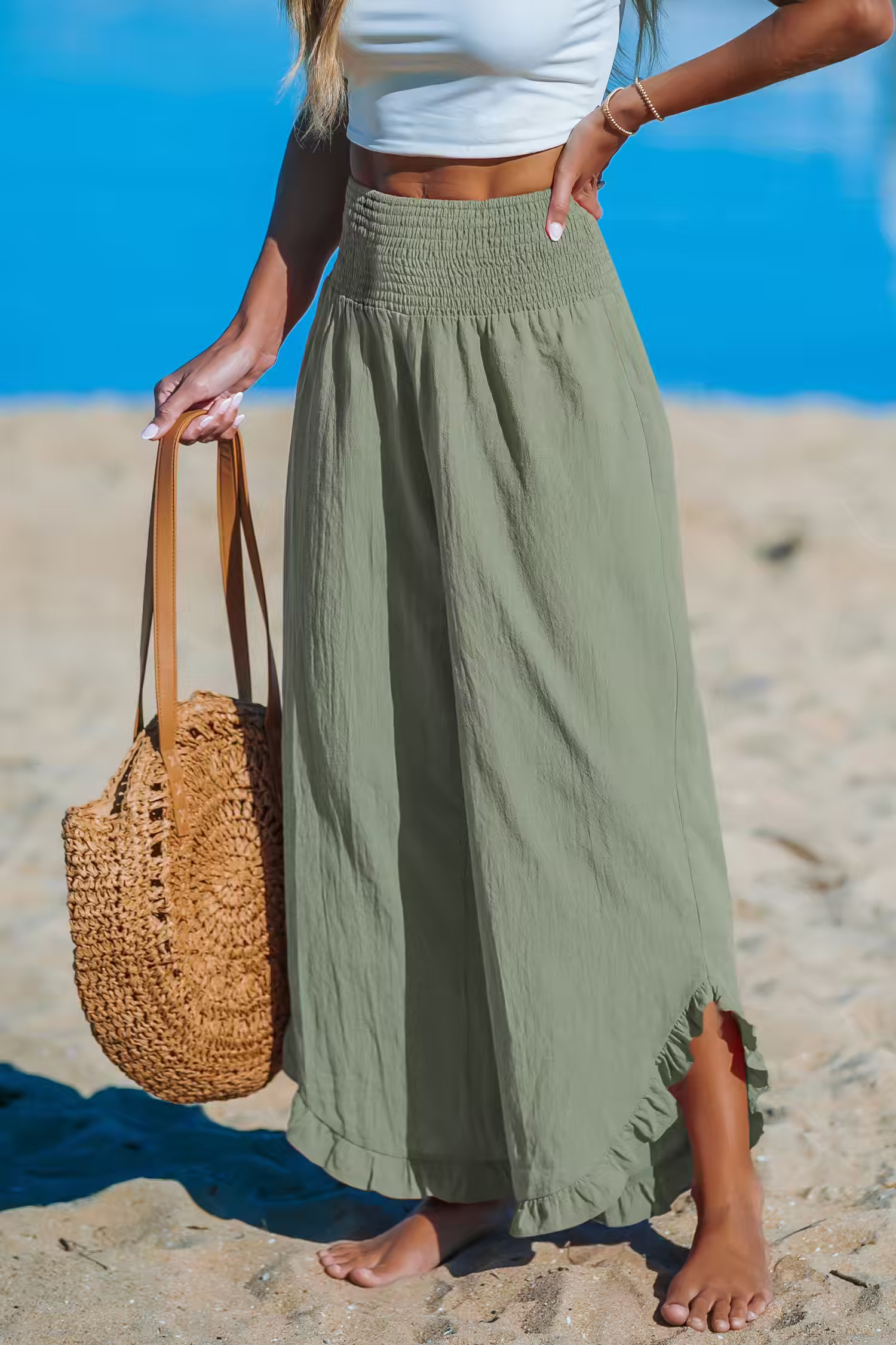 NewGreen Smocked Waist Straight Leg Ruffle Pants | Cupshe US