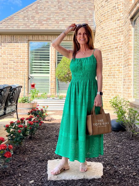 Green eyelet midi dress that’s perfect for Mother’s Day, brunch, baby showers or grad parties too. It has a smocked waist that’s figure flattering. Pair with flat slide sandals and you’re ready to go.
Wearing size xs dress in this picture, but I exchanged for a Small for more room in the bust area.

#LTKover40 #LTKstyletip #LTKsalealert