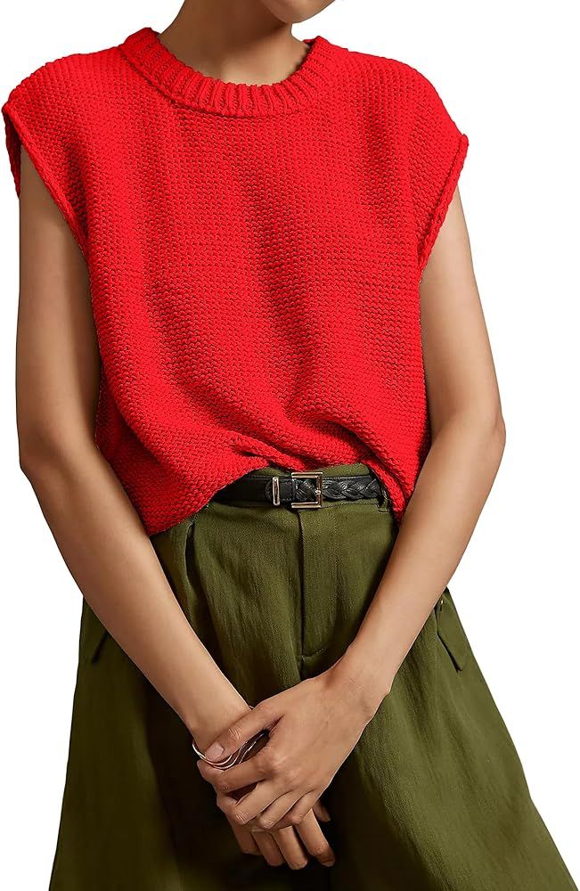 Locachy Women's Vintage Crew Neck Sweater Vest Casual Cap Sleeve Knit Pullover Tank Top | Amazon (US)