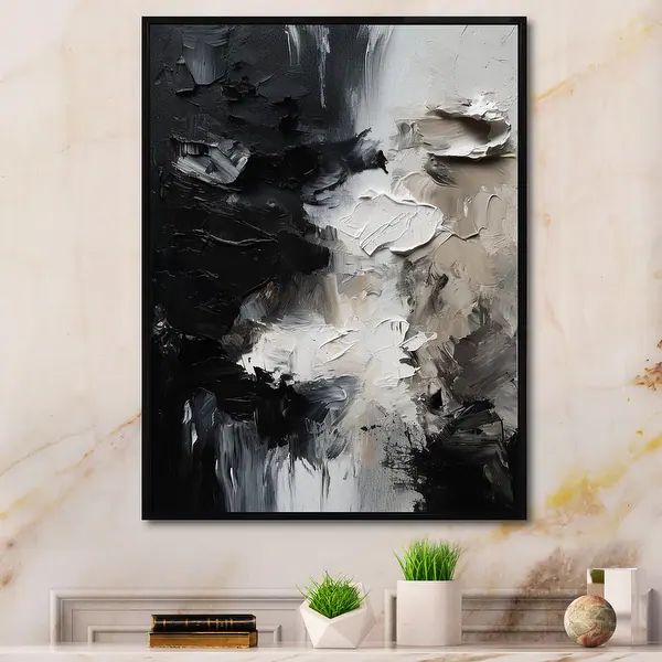 Designart "Black Textured Splash Paint Art Ii" Abstract Painting Framed Wall Art For Living Room ... | Bed Bath & Beyond