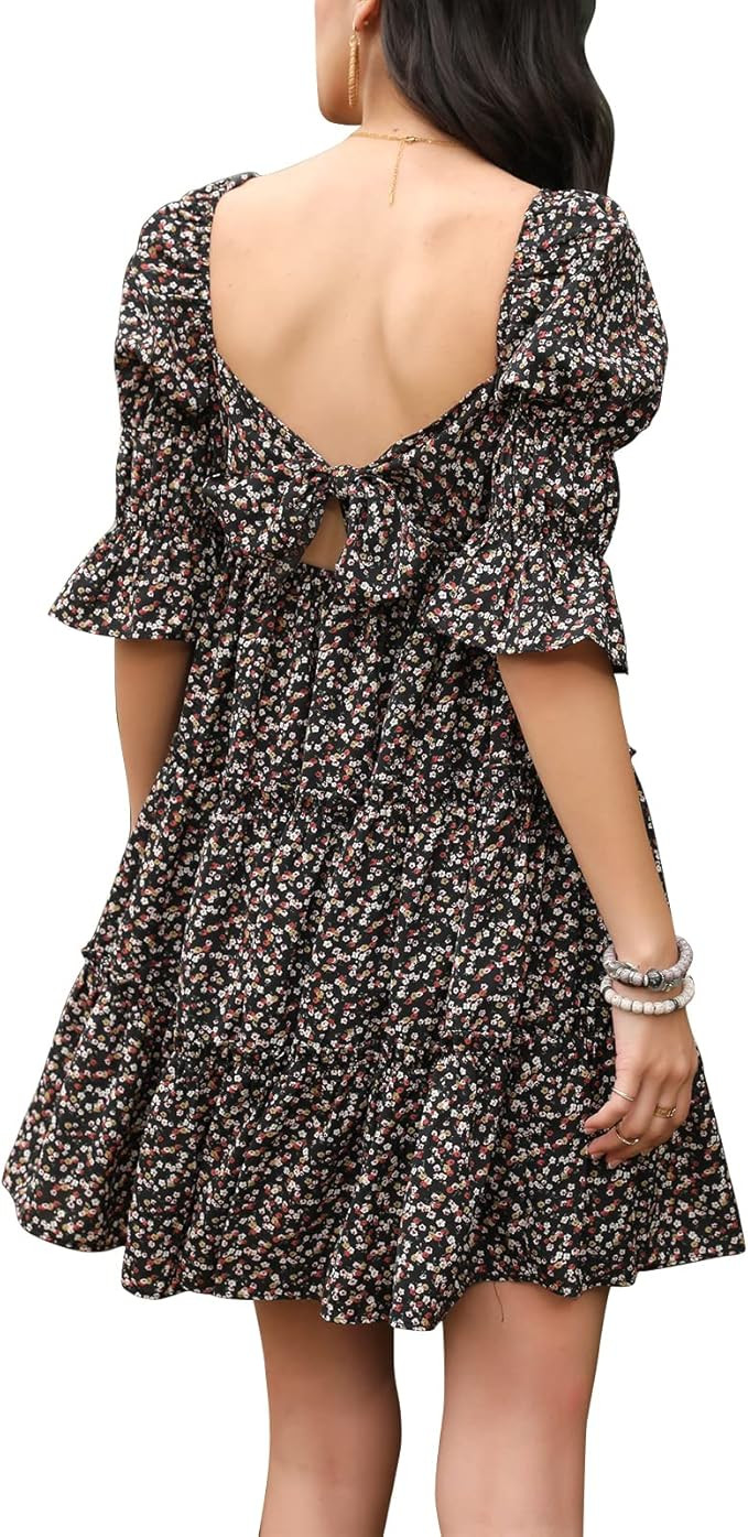 EXLURA Women's Tie Back Square Neck Dresses Puff Elbow Sleeve Off Shoulder Tiered Ruffle Floral B... | Amazon (US)