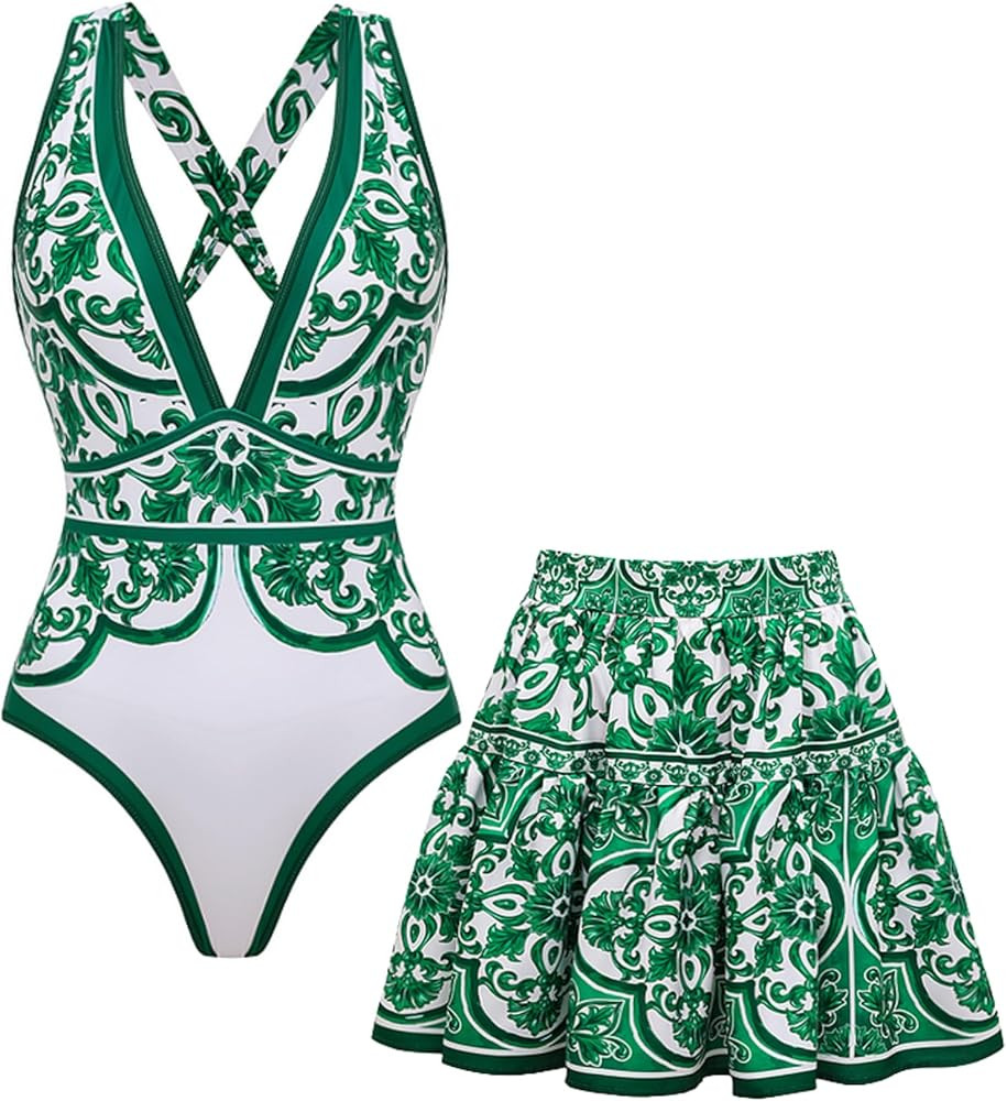 FLAXMAKER Women's One Piece Majolica Pattern V-Neck Bathing Suits Adjustable Back Cross Swimsuit ... | Amazon (US)
