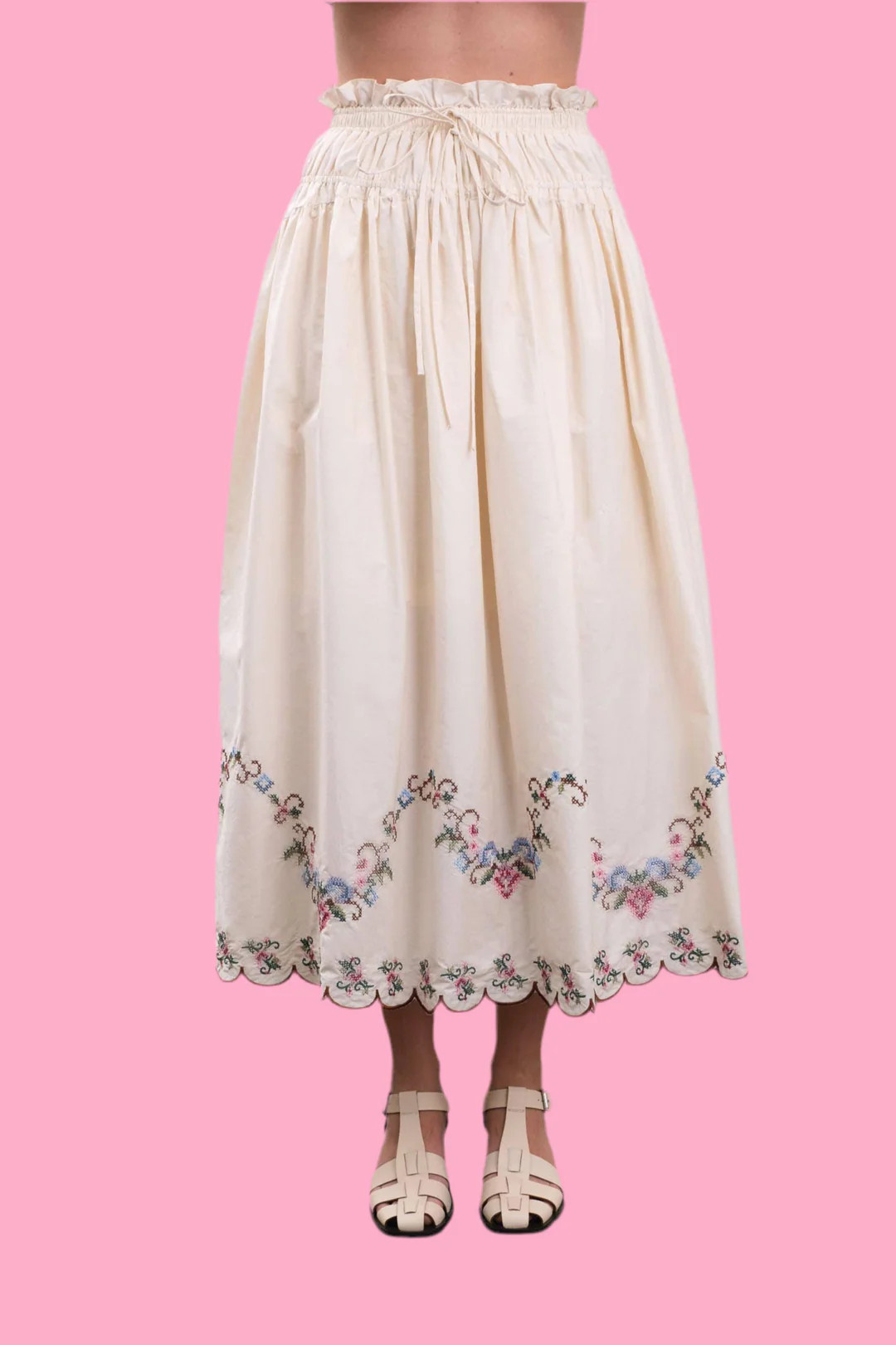 EMBROIDERED EYELET FLORAL HEM MIDI SKIRT | Teggy French