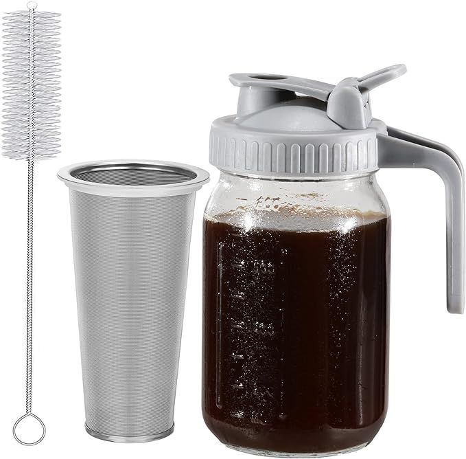 Cold Brew Coffee Maker Glass Pitcher, 32 oz Mason Jar with Pour Spout Handle Lid with Stainless S... | Amazon (US)
