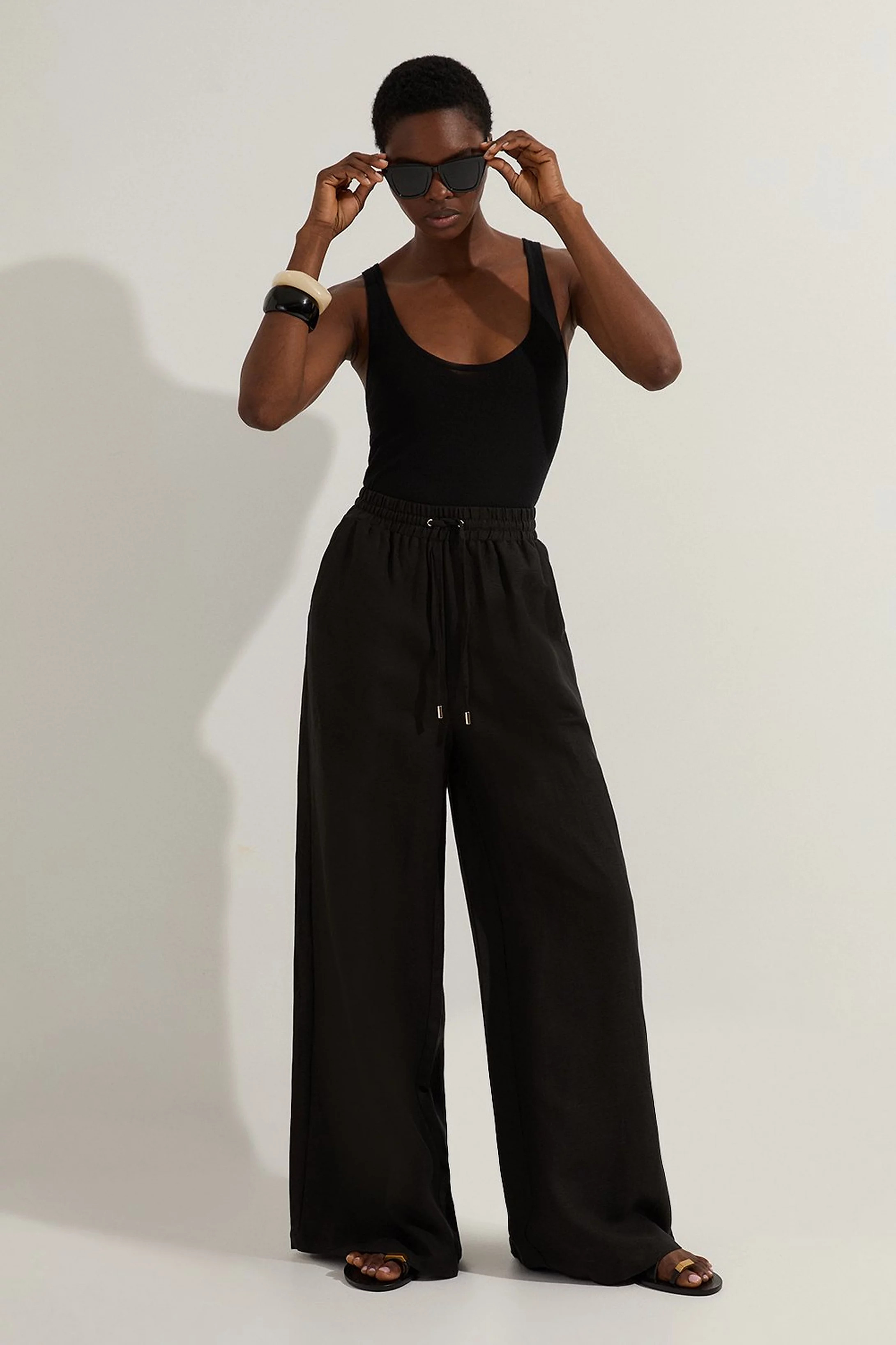 Viscose Linen Tie Waist Woven Trouser | Karen Millen UK + IE + DE + NL