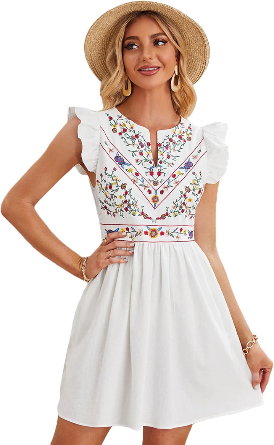 Floerns Women's Short Sleeve Striped Embroidered Tassel Tie Neck Dress | Amazon (US)