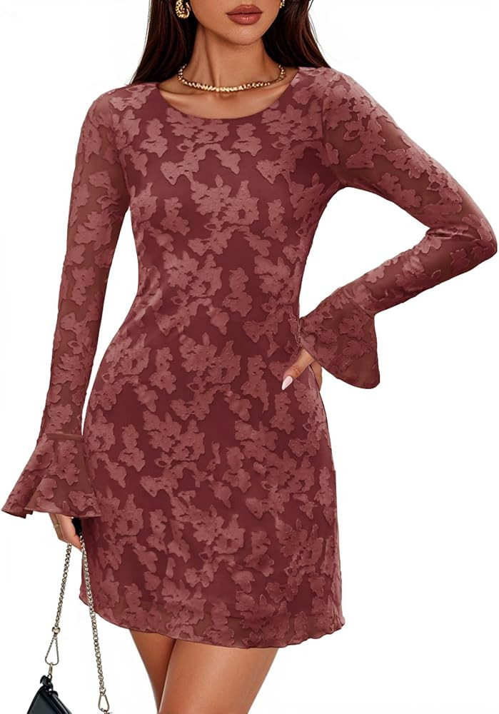ZESICA Fall Mini Dresses for Women 2025 Long Sleeve Floral Mesh Crewneck Bodycon Cocktail Party C... | Amazon (US)