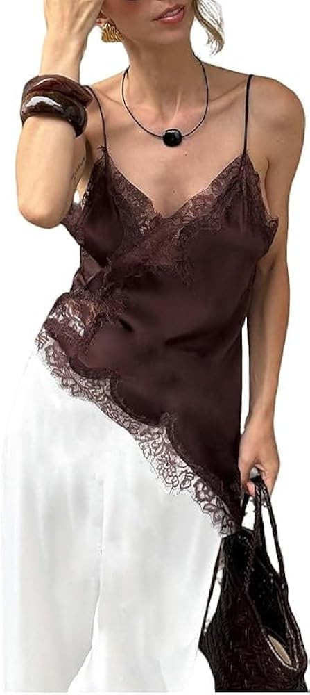 Women Satin Lace Cami Top Y2K Spaghetti Strap Side Split Trim Tank Tops Clothes | Amazon (US)