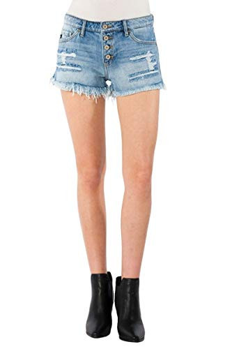 Kancan Women's Mid Rise Distressed Button Fly Shorts - KC7817 (Medium Wash, 27 (US 7)) | Amazon (US)