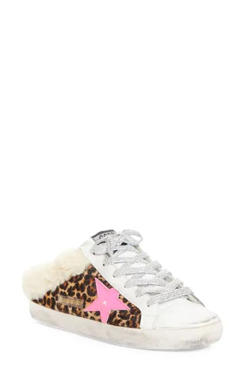 Golden Goose Genuine Calf Hair & Genuine Shearling Trim Mule in Beige Brown Leo/White/Fuxia at Nords | Nordstrom