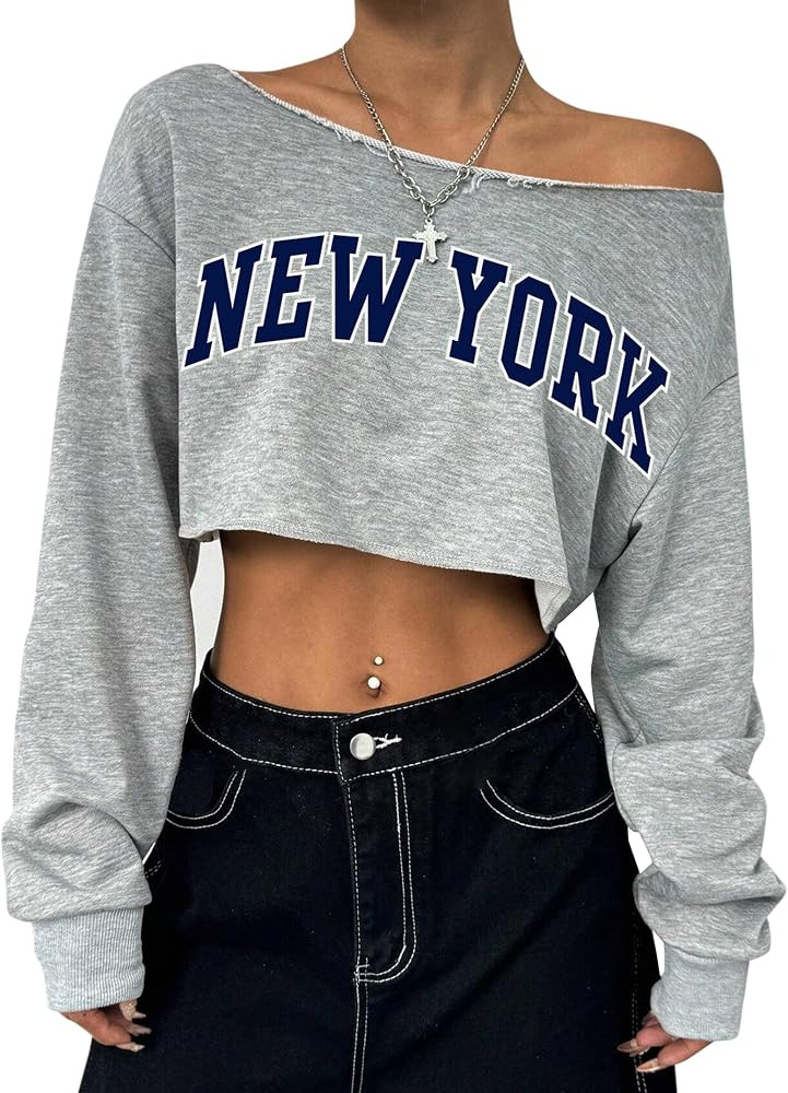 Remidoo Women's Off the Shoulder Cropped Sweatshirt Asymmetrical Neck Long Sleeve Crop Tops | Amazon (US)